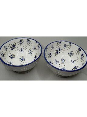 2 Prima Design Bowl Blue Floral Berry 6”x3.5” With Drainage Holes Ceramic New